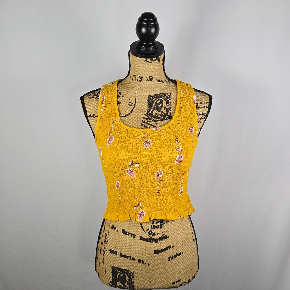 Japna Womens Smocked Floral Tank Large Mustard‎ Yellow Boho Ruffle Peasant Top